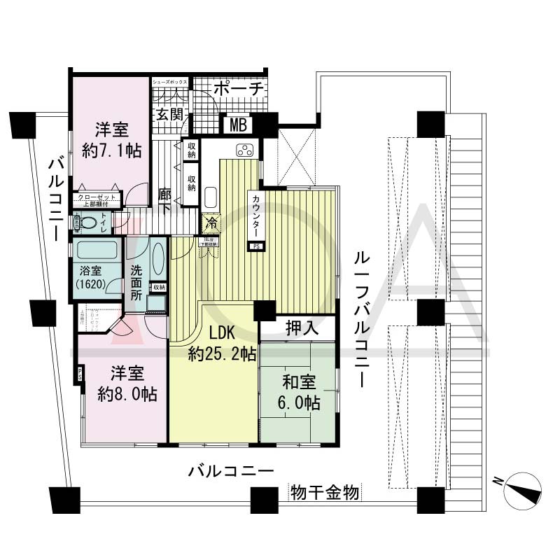 ワコーレディ・アルクス三宮の間取り図 Lタイプ(スペシャルプラン)
全2邸　北・西・南向き角住戸
3LDK　専有面積100.21m2
バルコニー面積60.13m2
ルーフバルコニー面積35.31m2
ポーチ面積4.30m2