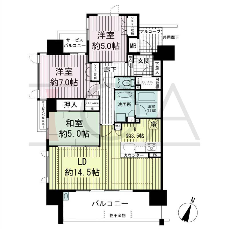 ブランズ新神戸の間取り図 Aタイプ
全10邸 南西角住戸
3LDK 専有面積80.69m2
アルコーブ面積3.05?
バルコニー面積12.78m2