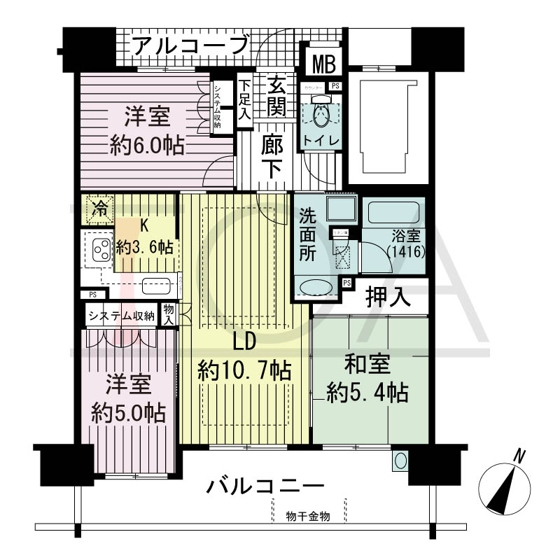 ブランズ新神戸の間取り図 Bタイプ
全10邸 南向き住戸
3LDK 専有面積69.39m2
アルコーブ面積4.74?
バルコニー面積14.15m2