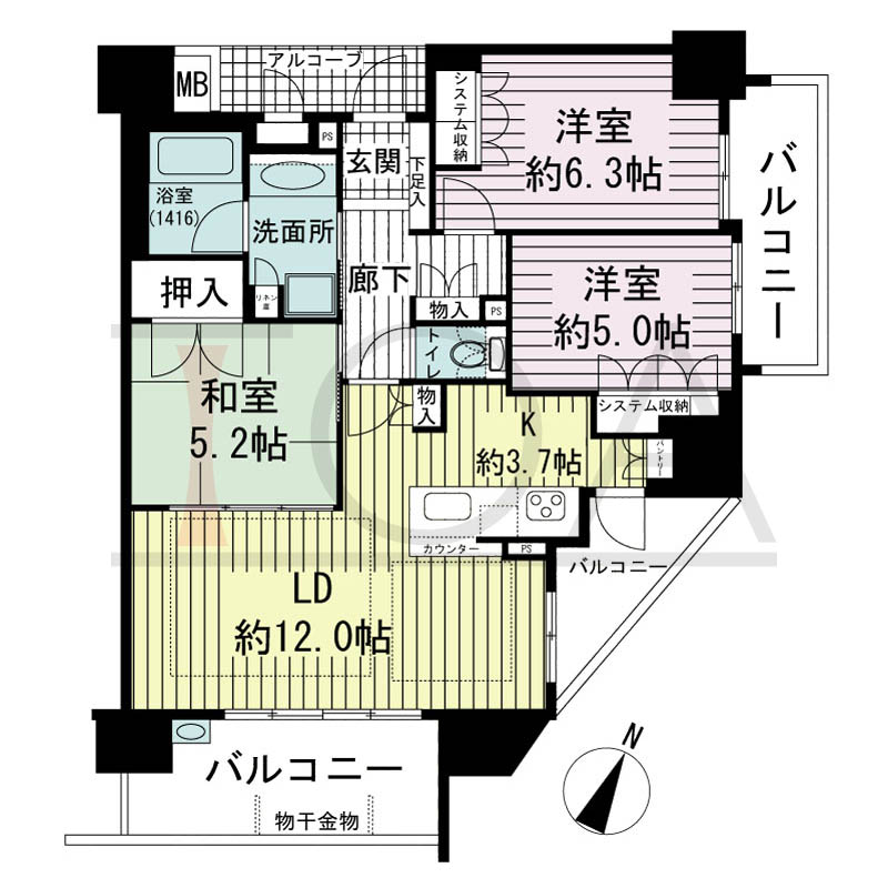 ブランズ新神戸の間取り図 Cタイプ
全10邸 南東角住戸
3LDK 専有面積73.78m2
※トランクルーム面積0.30?を含む
アルコーブ面積3.02?
バルコニー面積18.59m2