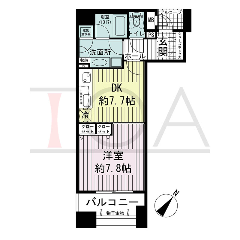 ワコーレディ・アルクス元町の間取り図 Aタイプ
全3邸 南西角住戸
1DK 専有面積40.03m2
バルコニー面積6.95m2
アルコーブ面積1.96m2