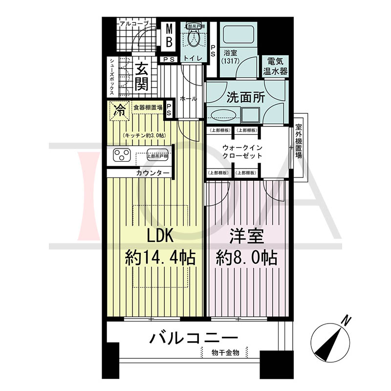 ワコーレディ・アルクス元町の間取り図 Bタイプ
全3邸 南東角住戸
1LDK 専有面積58.37m2
バルコニー面積11.70m2
アルコーブ面積1.96m2