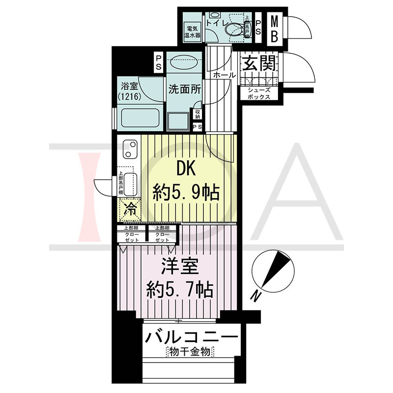 ワコーレディ・アルクス元町の間取り図 Cタイプ
全4邸 北西角住戸
1DK 専有面積34.02m2
バルコニー面積6.33m2