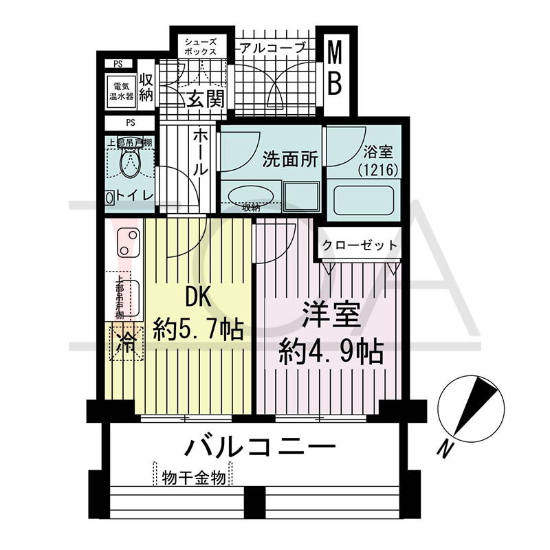 ワコーレディ・アルクス元町の間取り図 Dタイプ
全4邸 北向き住戸
1DK 専有面積30.50m2
バルコニー面積9.18m2
アルコーブ面積2.44m2