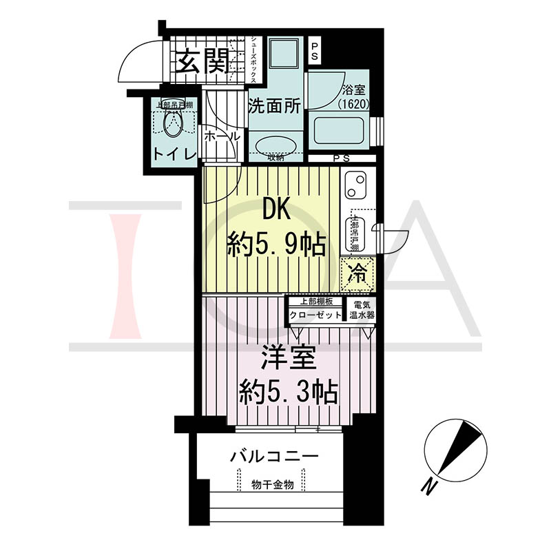 ワコーレディ・アルクス元町の間取り図 Eタイプ
全4邸 北西角住戸
1DK 専有面積31.36m2
バルコニー面積6.33m2