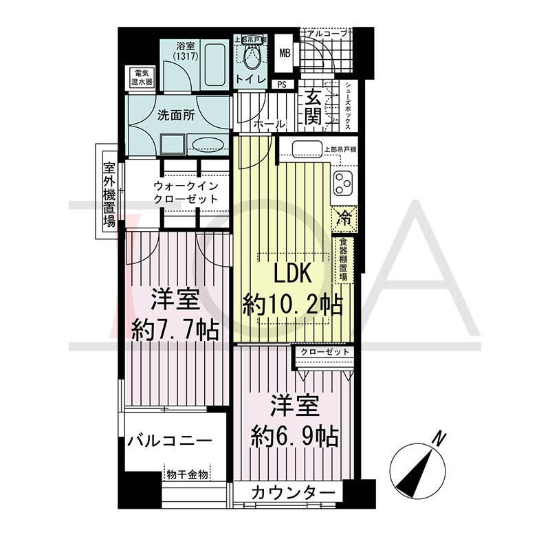 ワコーレディ・アルクス元町の間取り図 Fタイプ
全5邸 南西角住戸
2LDK 専有面積60.38m2
バルコニー面積6.32m2
アルコーブ面積1.96m2