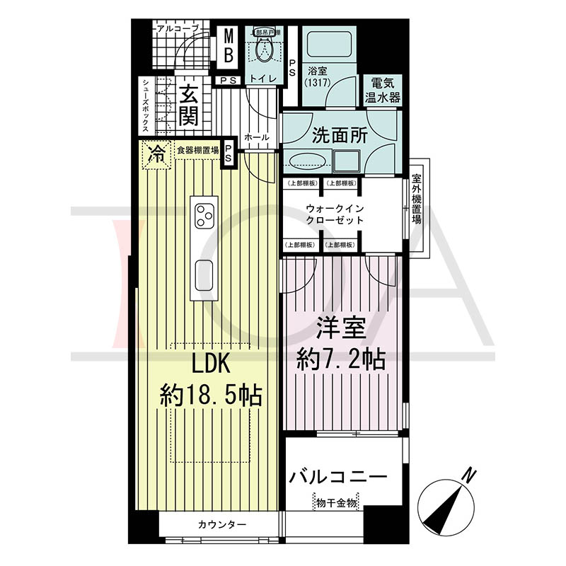 ワコーレディ・アルクス元町の間取り図 Gタイプ
全5邸 南東角住戸
1LDK 専有面積63.02m2
バルコニー面積6.32m2
アルコーブ面積1.96m2