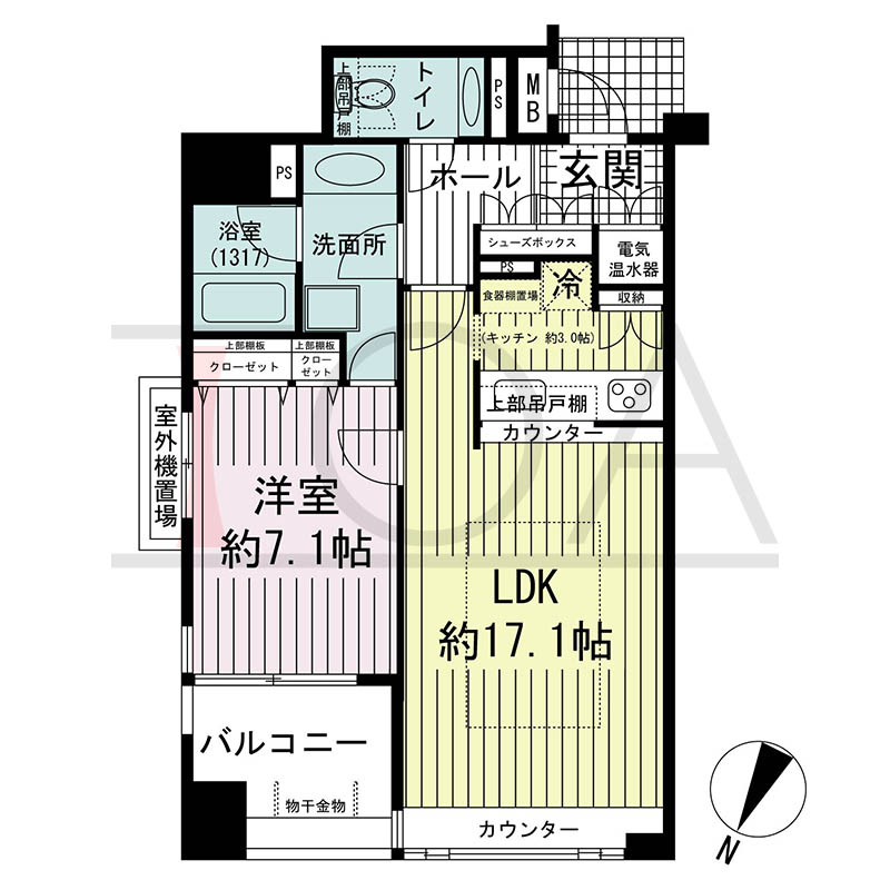 ワコーレディ・アルクス元町の間取り図 Hタイプ
全4邸 北西角住戸
1LDK 専有面積58.68m2
バルコニー面積6.58m2