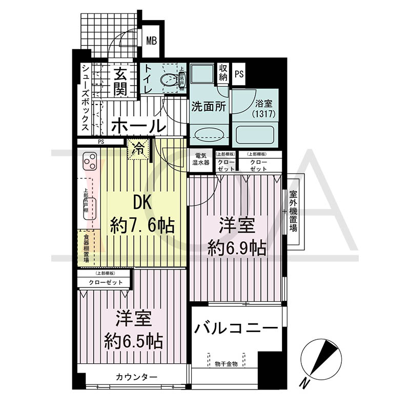 ワコーレディ・アルクス元町の間取り図 Iタイプ
全4邸 北西角住戸
2DK 専有面積52.94m2
バルコニー面積6.58m2