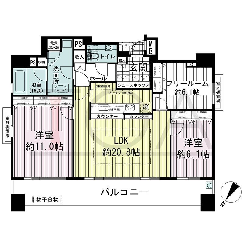 ワコーレディ・アルクス元町の間取り図 Jタイプ
1邸 北西角住戸
2LDK+F 専有面積101.74m2
バルコニー面積24.13m2
アルコーブ面積1.39m2