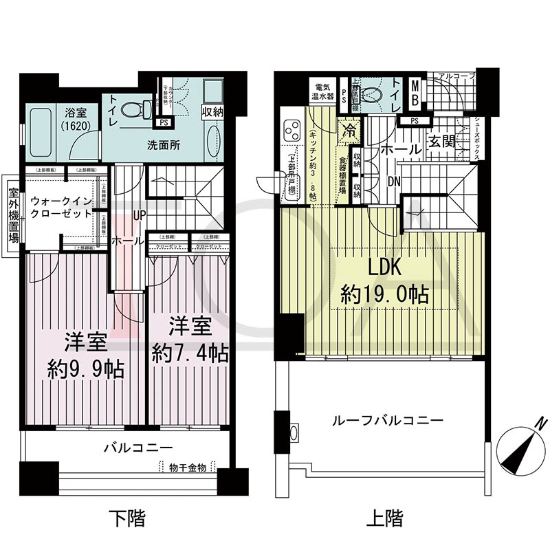 ワコーレディ・アルクス元町の間取り図 Kタイプ
1邸 南東角住戸
2LDK 専有面積104.13m2
バルコニー面積20.34m2
ルーフバルコニー面積13.26m2
アルコーブ面積1.96m2