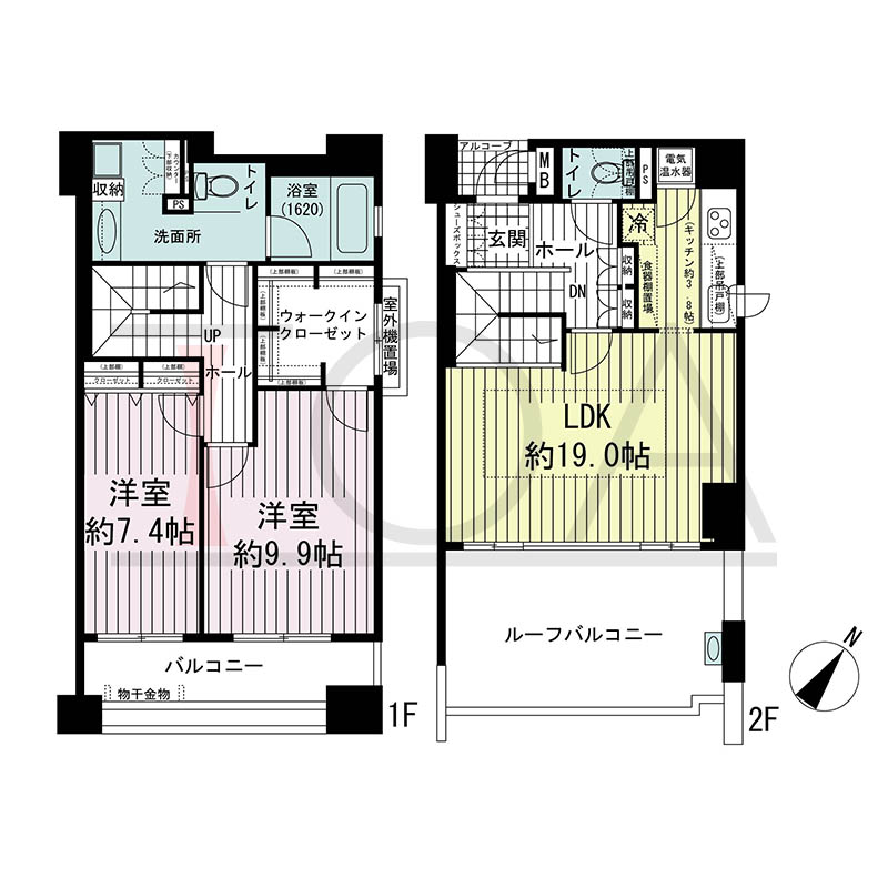 ワコーレディ・アルクス元町の間取り図 Lタイプ
1邸 南東角住戸
2LDK 専有面積104.13m2
バルコニー面積20.34m2
ルーフバルコニー面積13.26m2
アルコーブ面積1.96m2