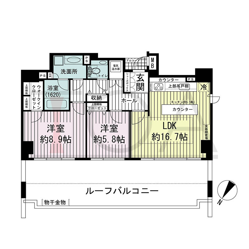 ワコーレディ・アルクス元町の間取り図 Mタイプ
1邸 北西角住戸
2LDK 専有面積79.06m2
バルコニー面積18.92m2
ルーフバルコニー面積28.06m2
アルコーブ面積1.26m2