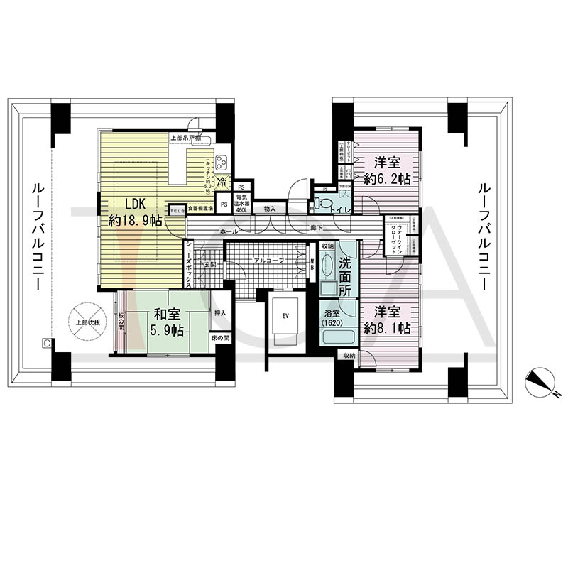 ワコーレディ・アルクス元町の間取り図 Nタイプ
1邸 4面角住戸
3LDK 専有面積101.47m2
バルコニー面積49.60m2
ルーフバルコニー面積37.37m2
アルコーブ面積6.23m2