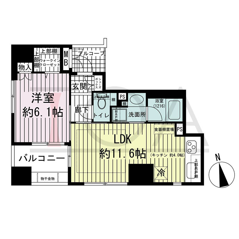 ワコーレ神戸元町マークスの間取り図 Aタイプ
全9邸 南西角住戸
1LDK 専有面積42.48m2
バルコニー面積5.26m2
アルコーブ面積2.18m2