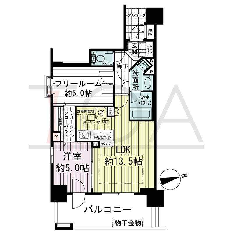 ワコーレ神戸元町マークスの間取り図 B1タイプ
全3邸 東向き角住戸
1LDK+F 専有面積55.91m2
バルコニー面積12.84m2
アルコーブ面積2.96m2