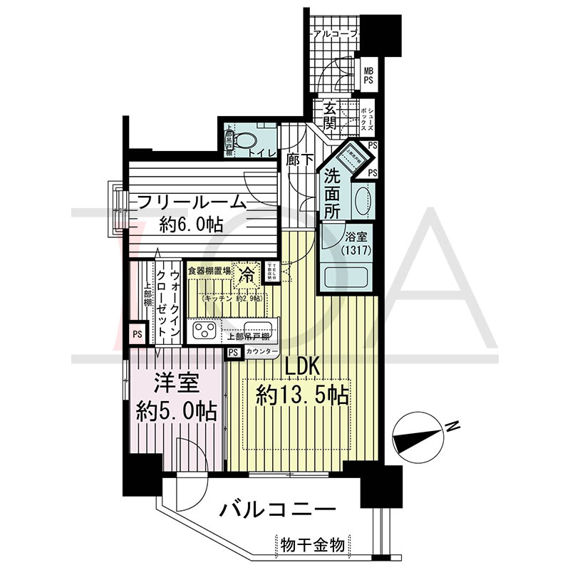 ワコーレ神戸元町マークスの間取り図 B2タイプ
全6邸 東向き角住戸
1LDK+F 専有面積55.91m2
バルコニー面積10.36m2
アルコーブ面積2.96m2