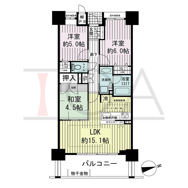 ワコーレ神戸元町マークスの間取り図 Cタイプ
全9邸 東向き住戸
3LDK 専有面積66.71m2
バルコニー面積10.89m2
アルコーブ面積1.89m2
