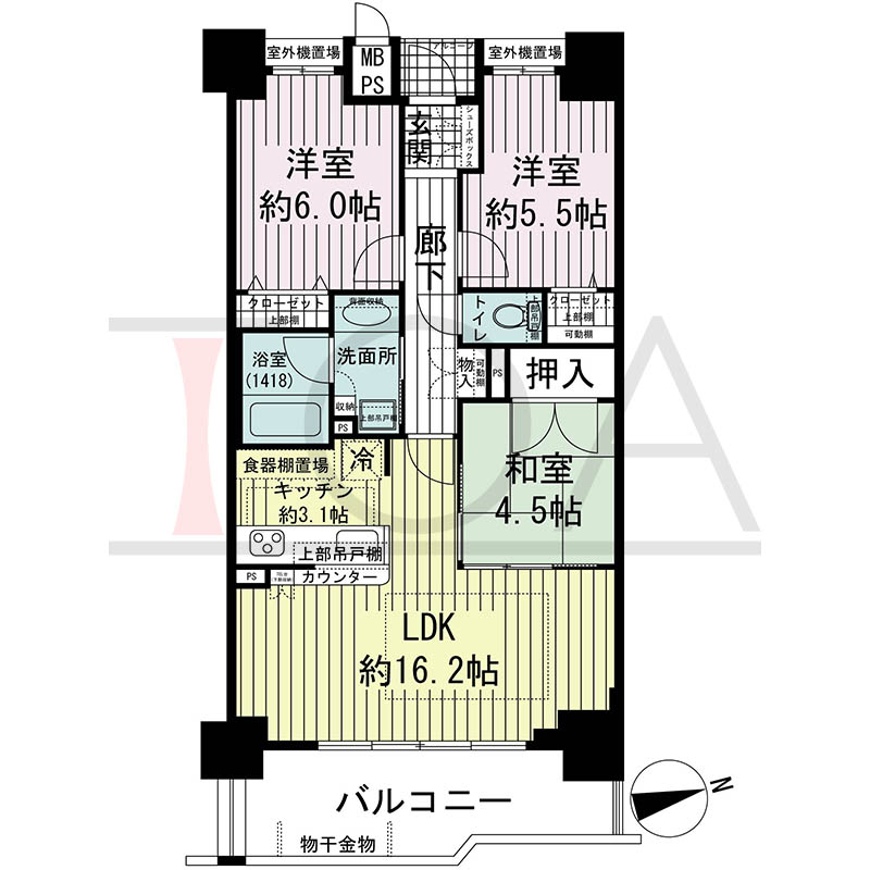 ワコーレ神戸元町マークスの間取り図 D2タイプ
全6邸 東向き住戸
3LDK 専有面積70.07m2
バルコニー面積10.68m2
アルコーブ面積1.89m2