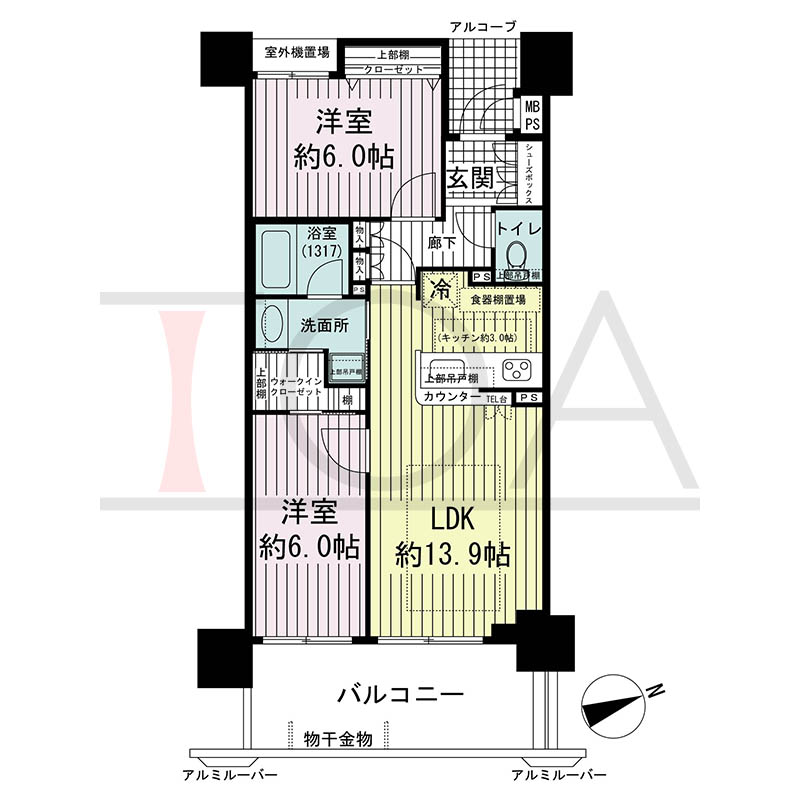 ワコーレ神戸元町マークスの間取り図 E1タイプ
全3邸 東向き住戸
2LDK 専有面積59.02m2
バルコニー面積11.76m2
アルコーブ面積2.74m2