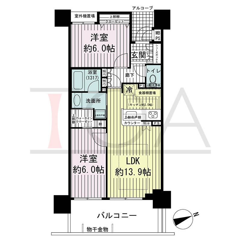 ワコーレ神戸元町マークスの間取り図 E2タイプ
全6邸 東向き住戸
2LDK 専有面積59.02m2
バルコニー面積10.08m2
アルコーブ面積2.74m2