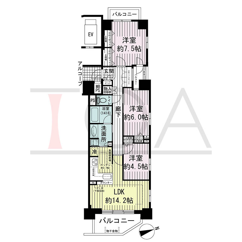 ワコーレ神戸元町マークスの間取り図 F2タイプ
全6邸 東向き角住戸
3LDK 専有面積77.32m2
バルコニー面積12.23m2
アルコーブ面積2.47m2