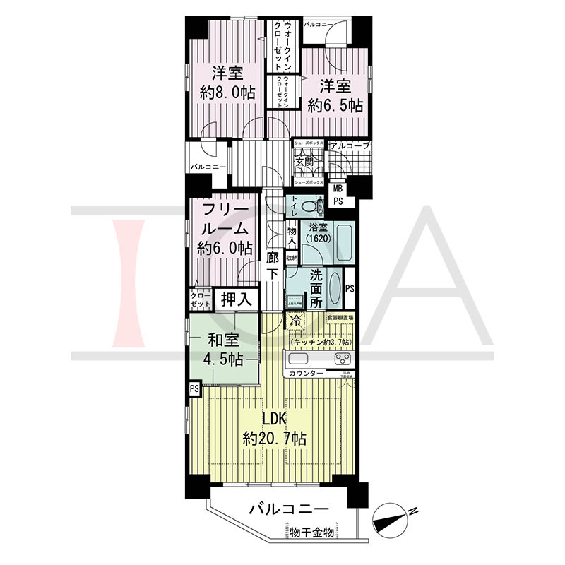 ワコーレ神戸元町マークスの間取り図 G2タイプ
全2邸 東向き角住戸
3LDK+F 専有面積103.76m2
バルコニー面積16.00m2
アルコーブ面積2.40m2
