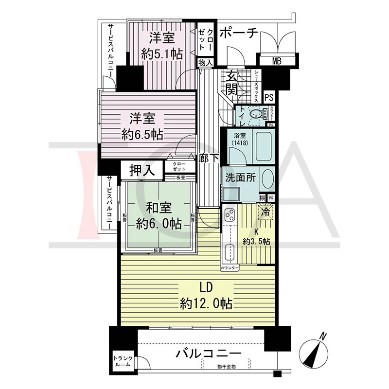ルネ神戸磯上通の間取り図 Aタイプ
全14邸 南東向き角住戸
3LDK 専有面積76.65m2
バルコニー面積10.93m2
ポーチ面積4.35m2