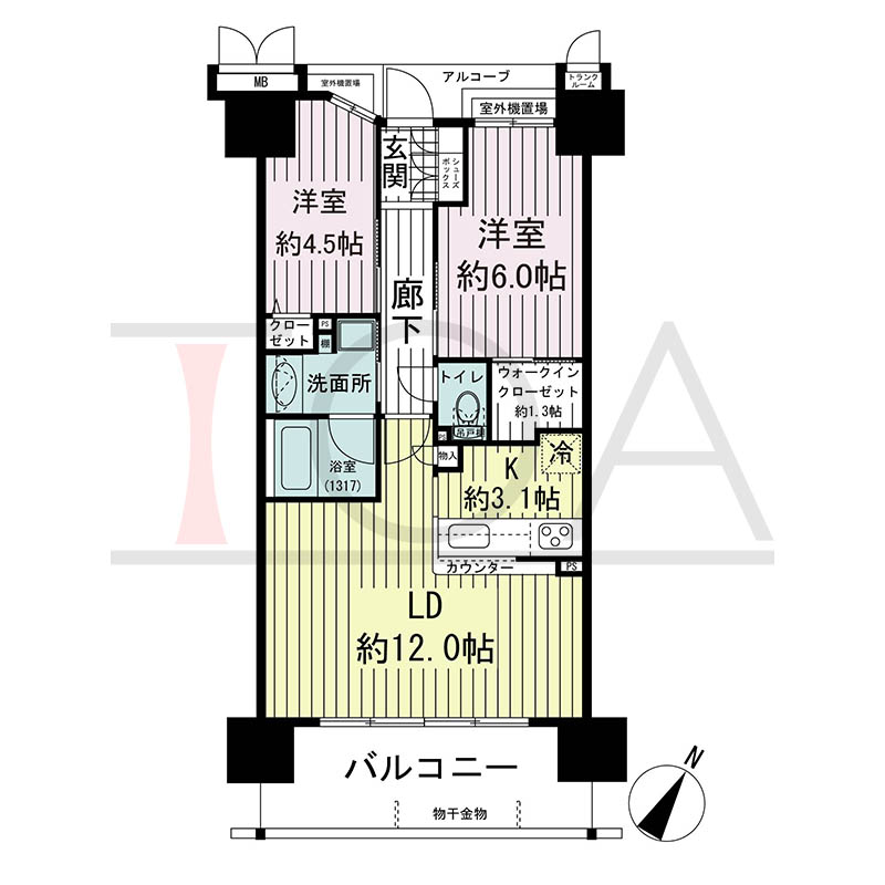 ルネ神戸磯上通の間取り図 Bタイプ
全15邸 南東向き住戸
2LDK 専有面積57.59m2
バルコニー面積10.64m2
アルコーブ面積1.94m2