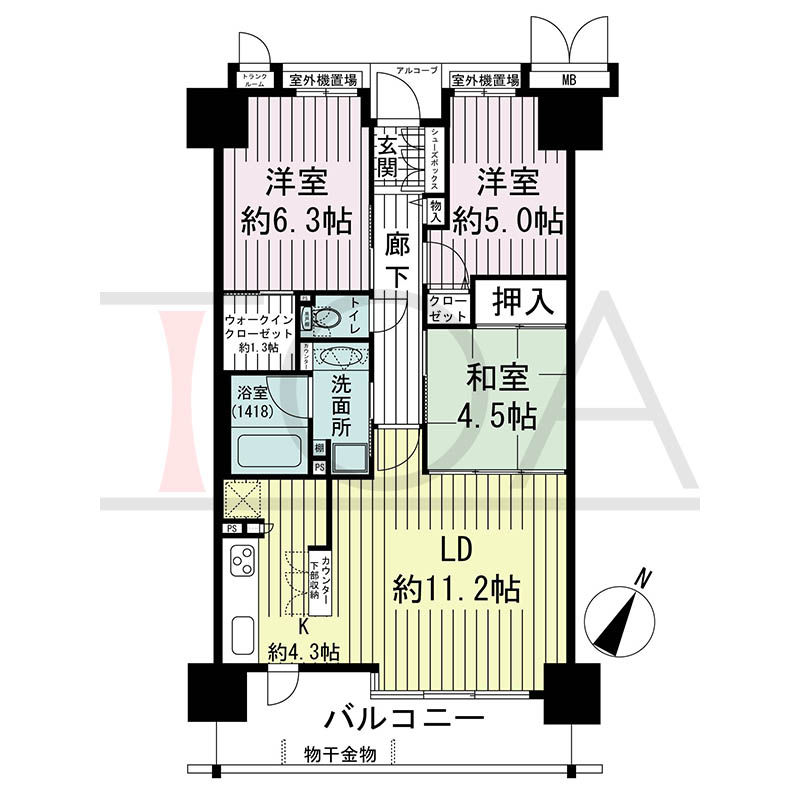 ルネ神戸磯上通の間取り図 Cタイプ
全15邸 南東向き住戸
3LDK 専有面積69.77m2
バルコニー面積10.52m2
アルコーブ面積1.40m2