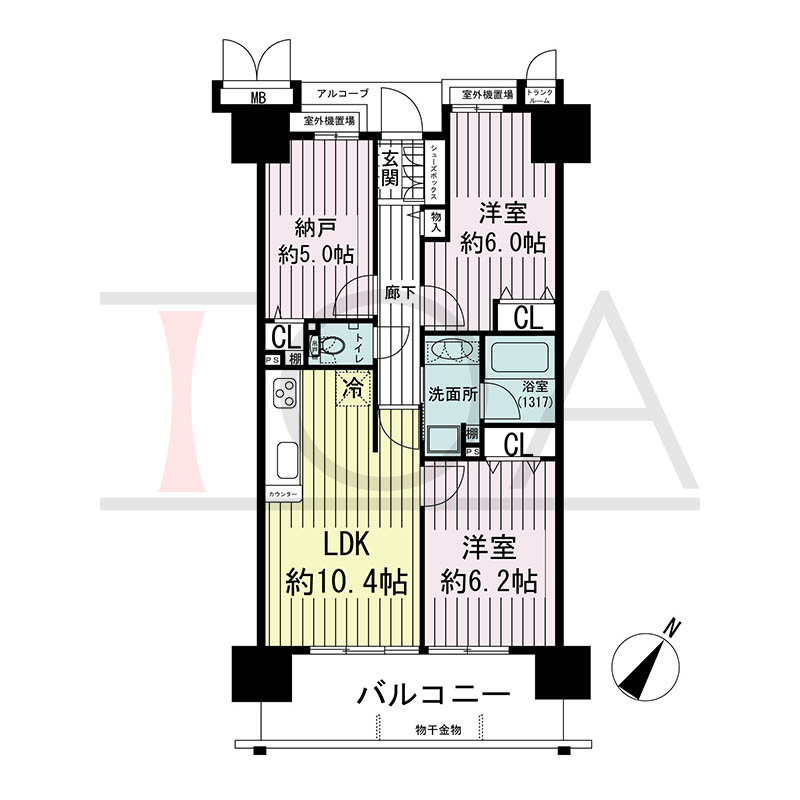 ルネ神戸磯上通の間取り図 Dタイプ
全15邸 南東向き住戸
2LDK+N 専有面積60.55m2
バルコニー面積11.21m2
アルコーブ面積2.20m2