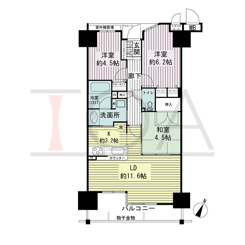 ルネ神戸磯上通の間取り図 Eタイプ
全12邸 南東向き住戸
3LDK 専有面積66.52m2
バルコニー面積9.43m2
アルコーブ面積1.68m2
