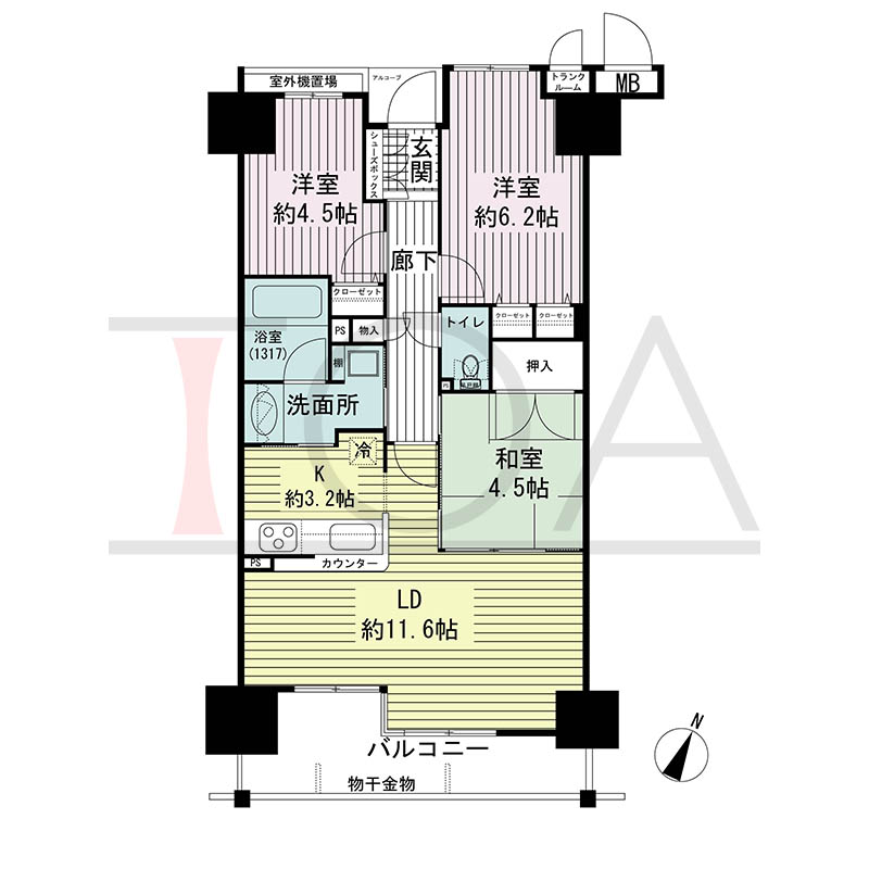 ルネ神戸磯上通の間取り図 E'タイプ
全3邸 南東向き住戸
3LDK 専有面積66.81m2
バルコニー面積9.43m2
アルコーブ面積1.40m2