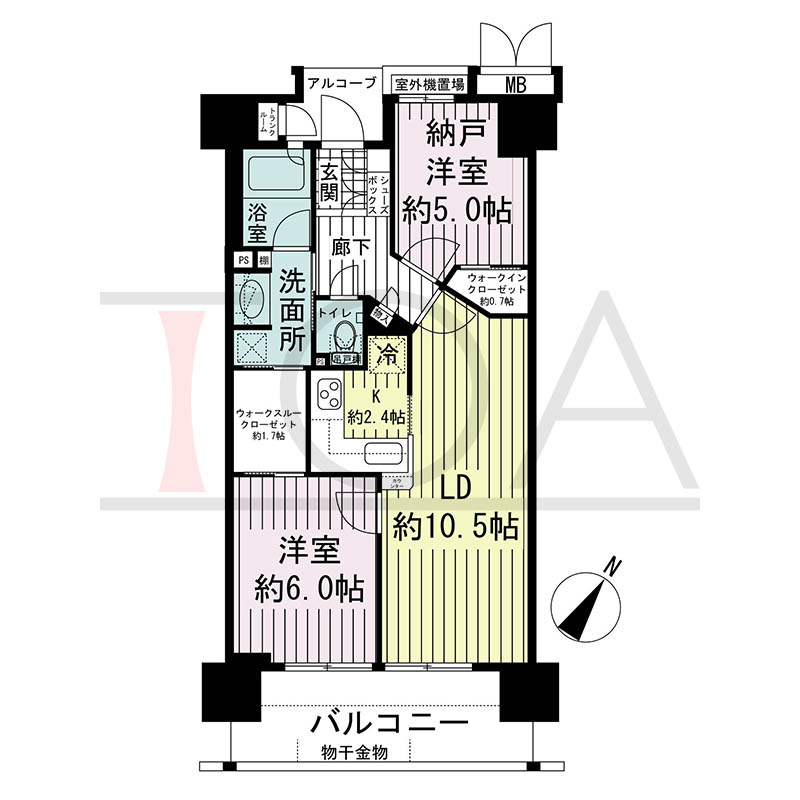 ルネ神戸磯上通の間取り図 Fタイプ
全14邸 南東向き住戸
1LDK+N 専有面積56.75m2
バルコニー面積10.64m2
アルコーブ面積2.41m2