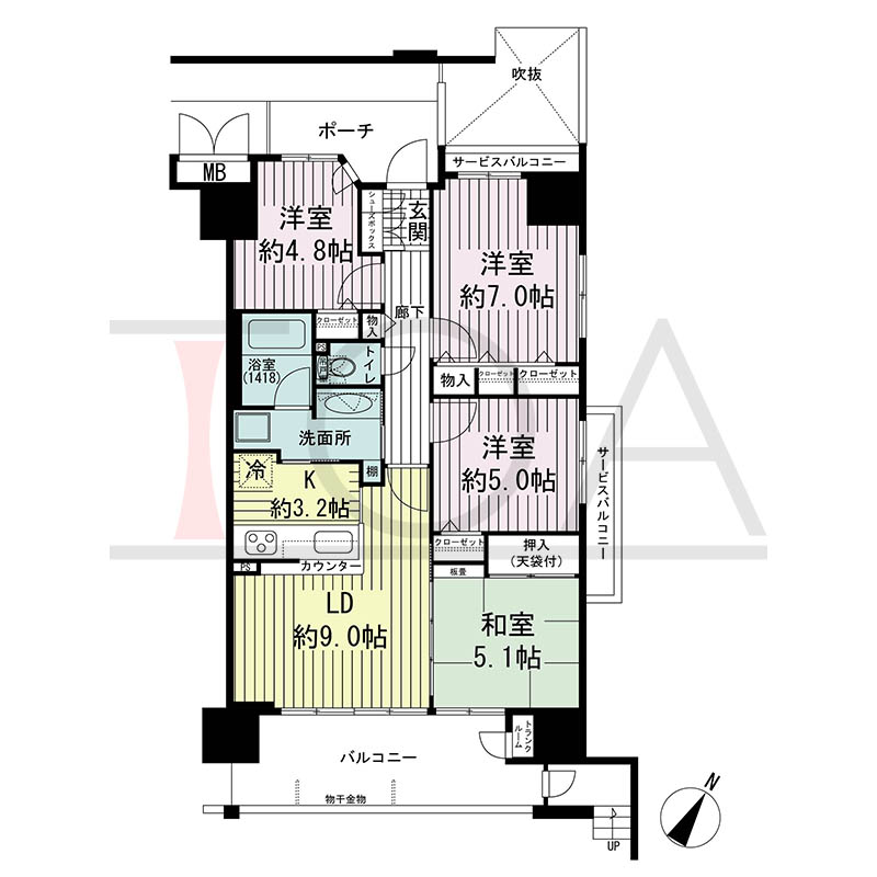 ルネ神戸磯上通の間取り図 G1タイプ
1邸 南東向き角住戸
4LDK 専有面積75.50m2
バルコニー面積11.21m2
サービスバルコニー面積4.13m2
ポーチ面積7.07m2