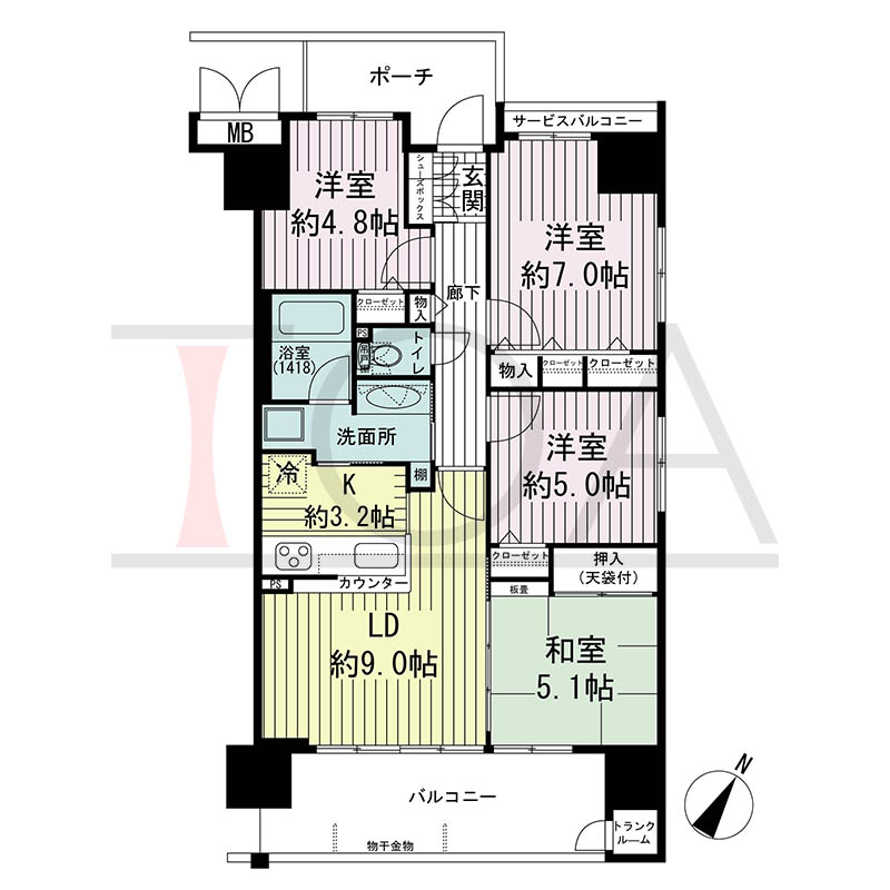 ルネ神戸磯上通の間取り図 G'タイプ
全2邸 南東向き角住戸
4LDK 専有面積76.03m2
バルコニー面積11.49m2
サービスバルコニー面積1.54m2
ポーチ面積7.17m2