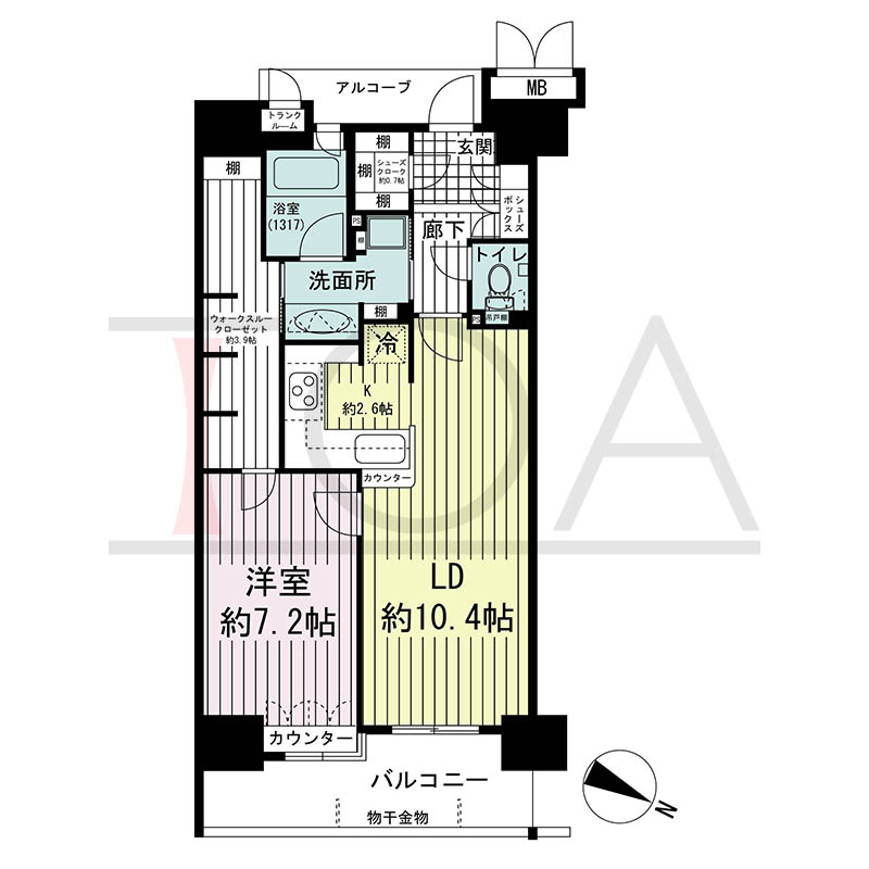 ルネ神戸磯上通の間取り図 Hタイプ
全11邸 北東向き住戸
1LDK 専有面積54.82m2
バルコニー面積7.97m2
アルコーブ面積2.95m2