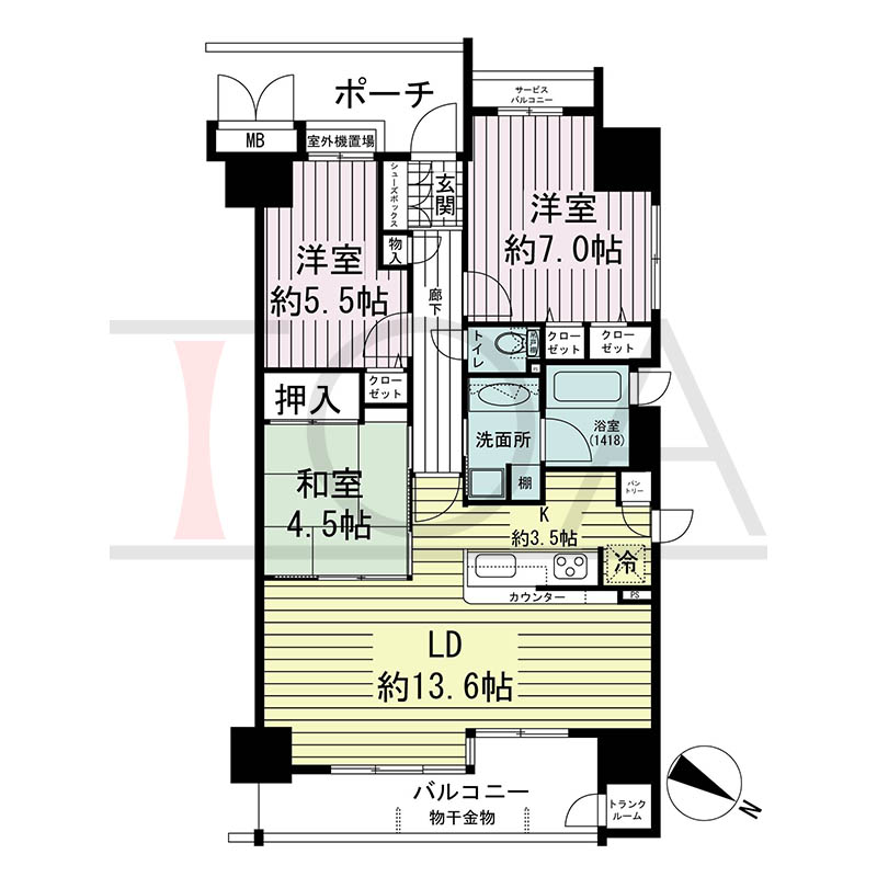 ルネ神戸磯上通の間取り図 Iタイプ
全11邸 北東向き角住戸
3LDK 専有面積74.49m2
バルコニー面積8.49m2
ポーチ面積5.86m2