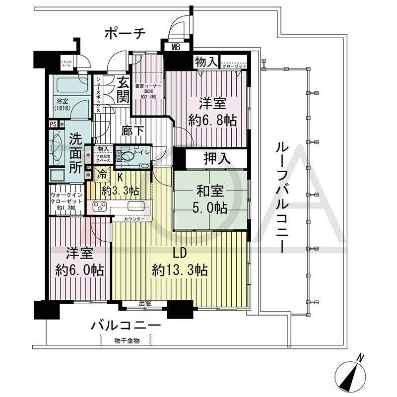 ルネ神戸磯上通の間取り図 Jタイプ
1邸 東南向き角住戸
3LDK+DEN 専有面積87.40m2
バルコニー面積17.89m2
ポーチ面積10.42m2
