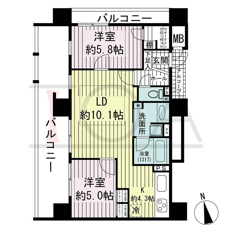 リベルタ北野の間取り図 Aタイプ
全11邸 西向き角住戸
2LDK 専有面積56.70m2
バルコニー面積18.90m2
アルコーブ面積2.31m2