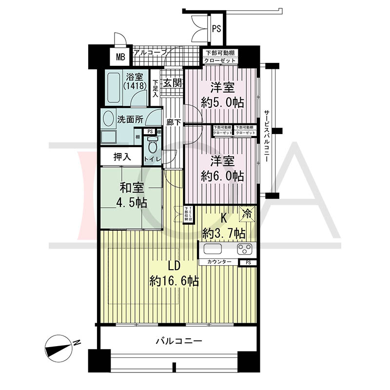 リベルタ北野の間取り図 Bタイプ
全11邸 東向き住戸
3LDK 専有面積77.34m2
バルコニー面積12.92m2
アルコーブ面積2.72m2