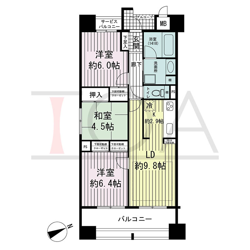 リベルタ北野の間取り図 Cタイプ
全11邸 東向き角住戸
3LDK 専有面積66.30m2
バルコニー面積11.40m2
アルコーブ面積2.15m2