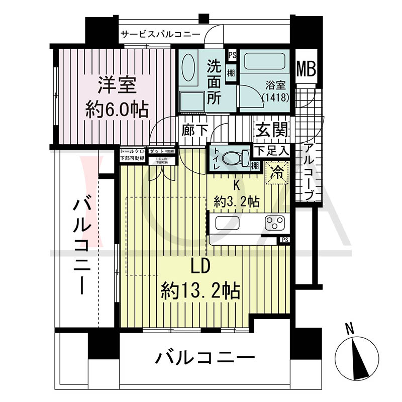 リベルタ北野の間取り図 Dタイプ
1邸 南西向き角住戸
1LDK 専有面積51.99m2
バルコニー面積17.06m2
アルコーブ面積2.41m2