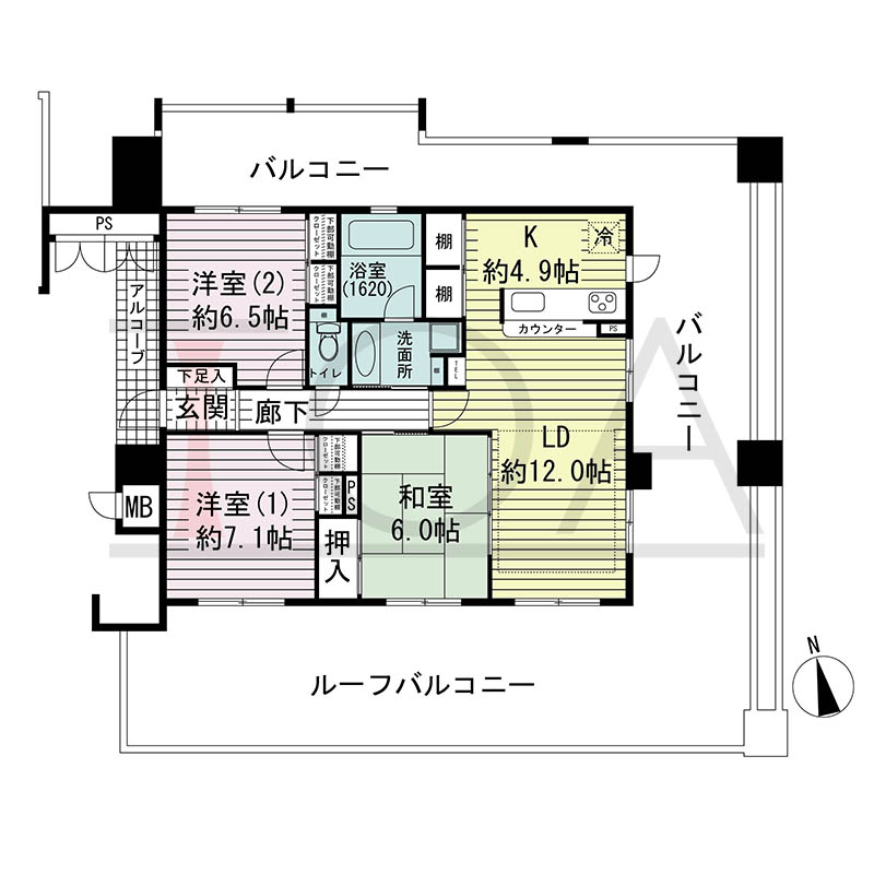 リベルタ北野の間取り図 Eタイプ
1邸 北・東・南3方向き角住戸
3LDK 専有面積80.27m2
バルコニー面積39.48m2
アルコーブ面積4.26m2