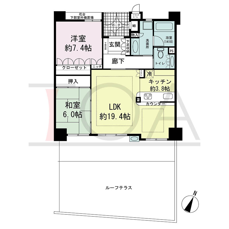 ハーティネス・トアロード中山手の間取り図 1邸のみ　南向き住戸
2LDK　専有面積75.02m2
バルコニー面積15.38m2
専用ポーチ面積3.60m2
ルーフテラス面積35.33m2