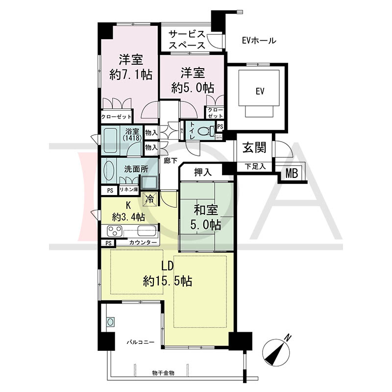 パークタワー新神戸の間取り図 Aタイプ
全19邸 南東向き角住戸
3LDK 専有面積84.01m2
バルコニー面積14.77m2