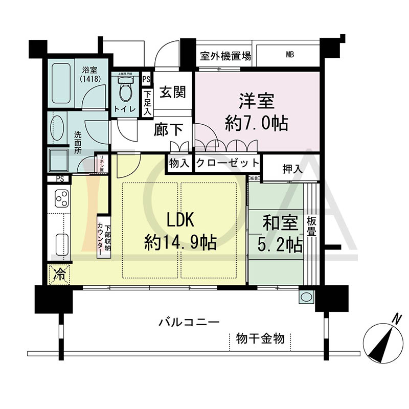 パークタワー新神戸の間取り図 Bタイプ
全19邸 南東向き住戸
2LDK 専有面積62.44m2
バルコニー面積17.04m2