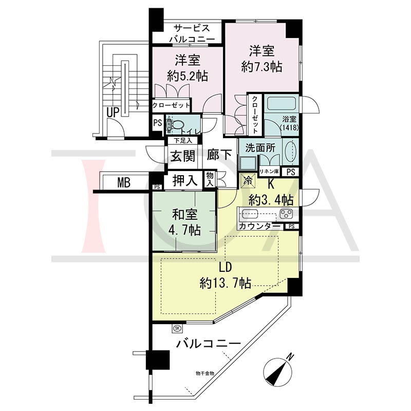パークタワー新神戸の間取り図 Cタイプ
全19邸 南東向き角住戸
3LDK 専有面積77.07m2
バルコニー面積13.95m2