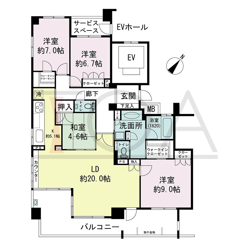 パークタワー新神戸の間取り図 Dタイプ
1邸 南東向き角住戸
4LDK 専有面積121.37m2
バルコニー面積23.41m2