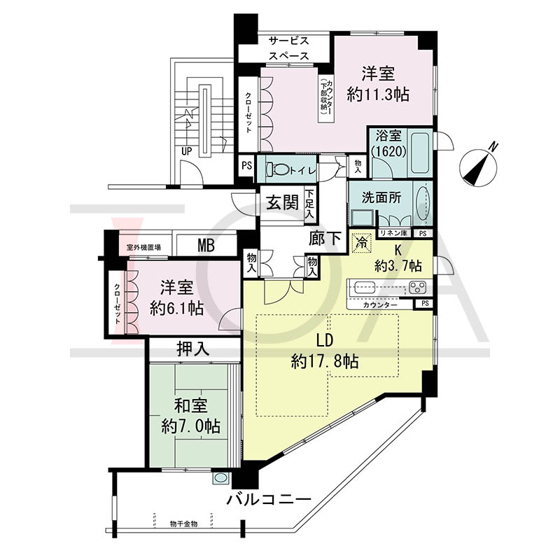 パークタワー新神戸の間取り図 Eタイプ
1邸 南東向き角住戸
3LDK 専有面積104.07m2
バルコニー面積20.43m2